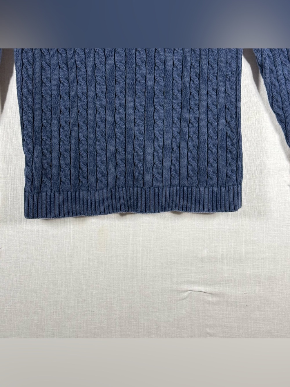 LL Bean Women’s Navy Blue Cotton Cable Knit Shawl Collar Sweater Medium - Picture 5 of 9